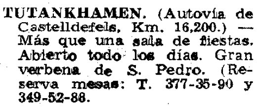 Anuncio de la Verbena de San Pedro de la Discoteca Tutankhamen de Gav� Mar publicado en el diario LA VANGUARDIA (26 de Junio de 1976)